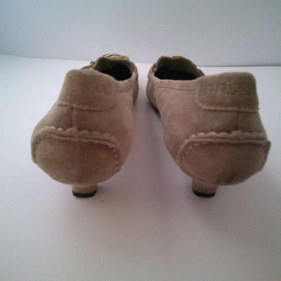 Prada Womens Brown Suede Slip On Loafer with Gold Tone Chain and Kitten Heel - Picture 3 of 6